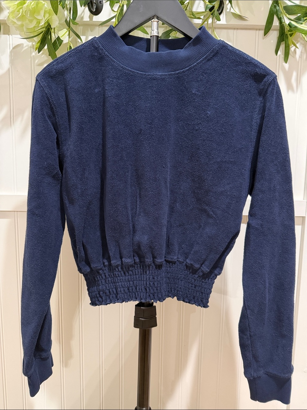#1034 PAM & GELA Navy Cropped Smocked-Hem Pullover 100% Terry Cotton